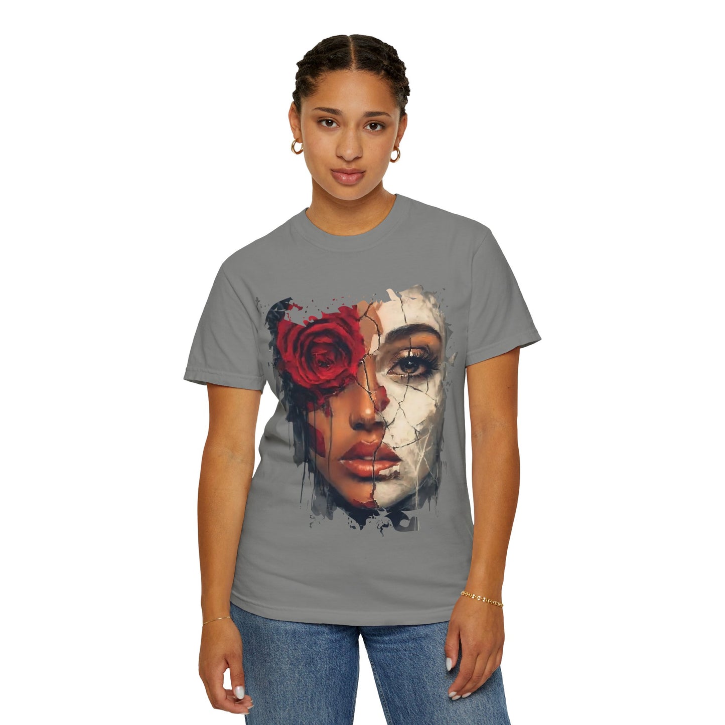 Scarlet Veil Empowerment Tee” or “Cracked Porcelain Resilience Shirt”