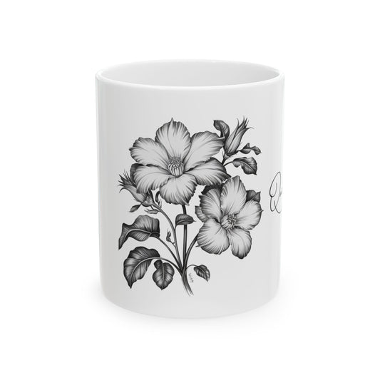 Quiet Becoming Mug – Soft Life & Gentle Growth Ceramic Cup-Elegant Black & White Hibiscus Coffee Cup (11oz, 15oz)