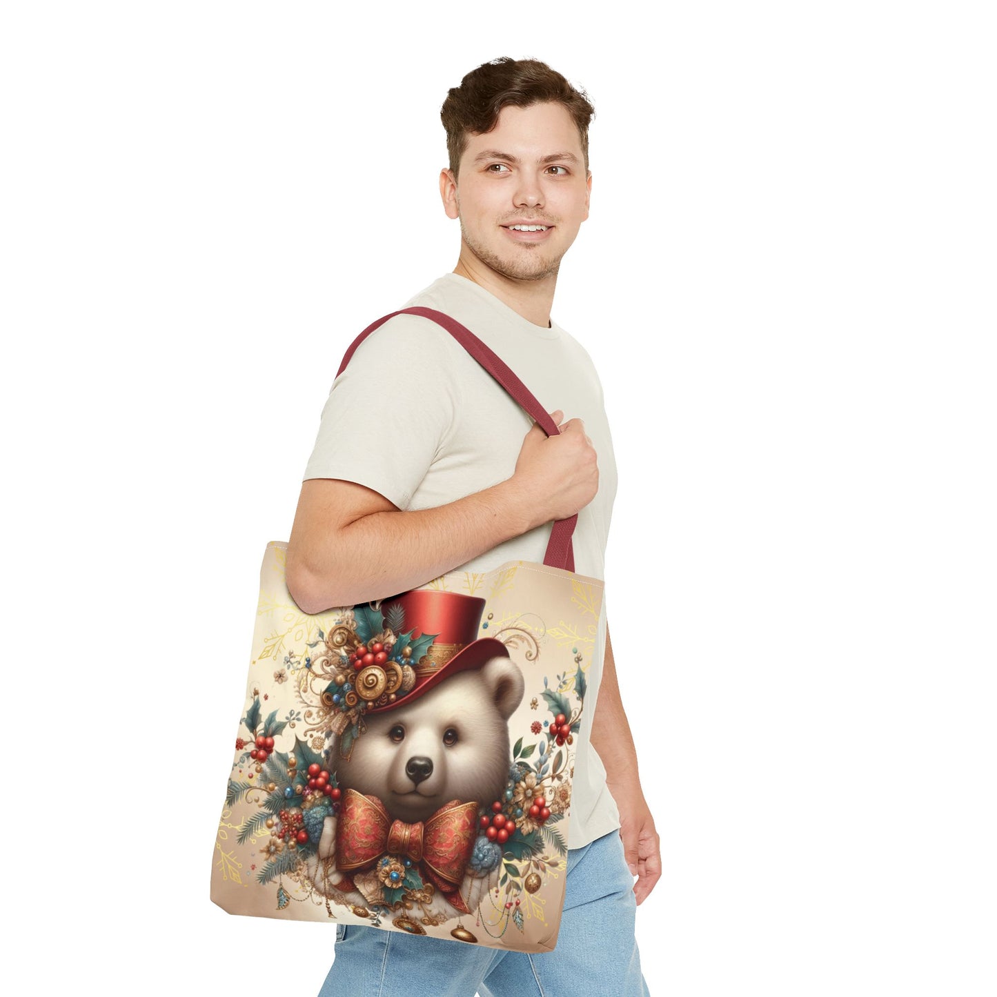 Christmas Bear Tote Bag, Whimsical Holiday Animal Tote, Cute Winter Bear Art Bag, Festive Gift Tote for Women, Seasonal Shopping Bag