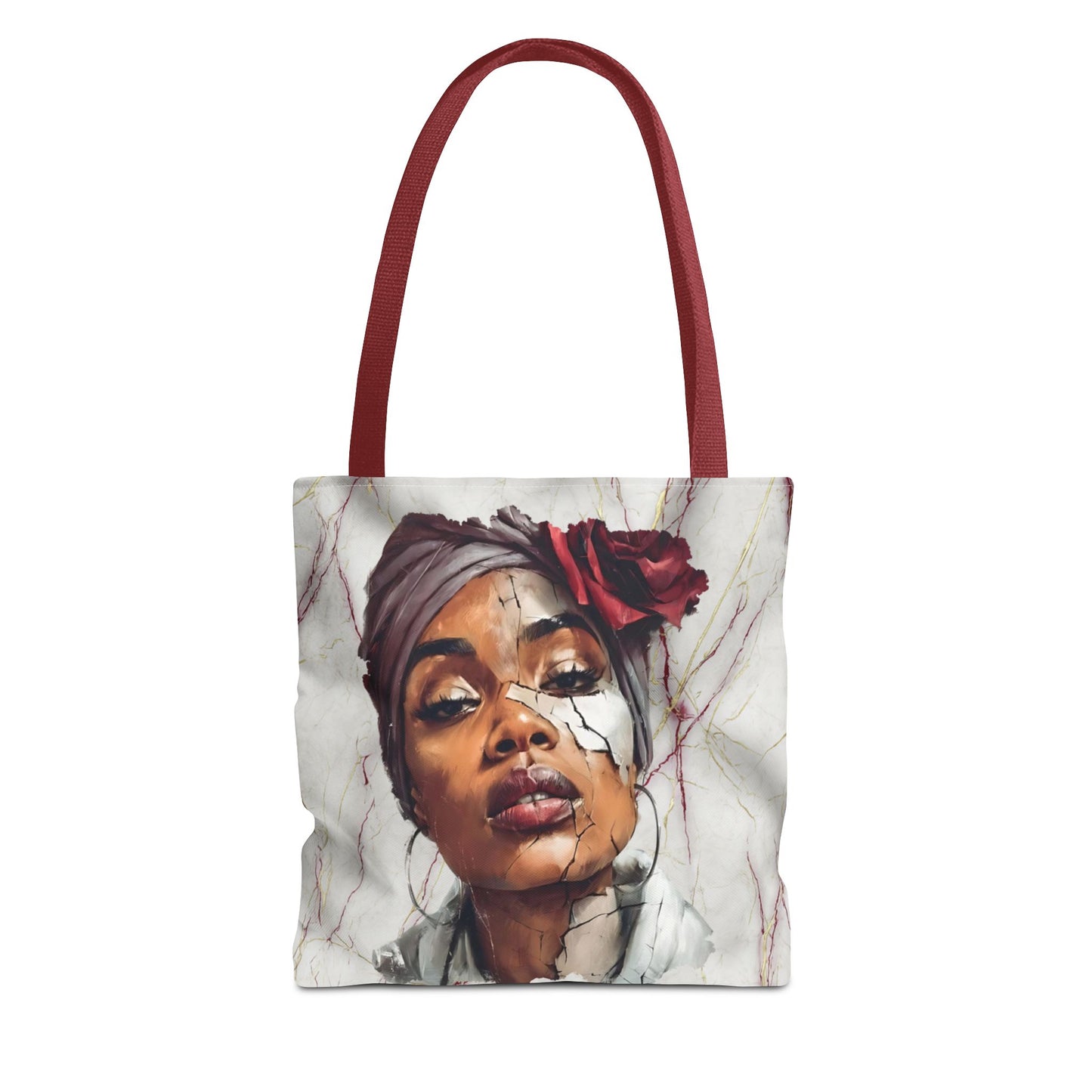 Regal Fracture Afrocentric Tote Bag, Cracked Portrait Art Tote with Red Rose, Black Queen Shoulder Bag, Cultural Fashion Tote for Women