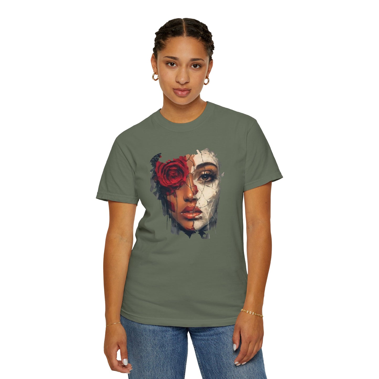 Scarlet Veil T-Shirt | Bold Empowerment Graphic Tee | Feminine Strength & Resilience Art Shirt
