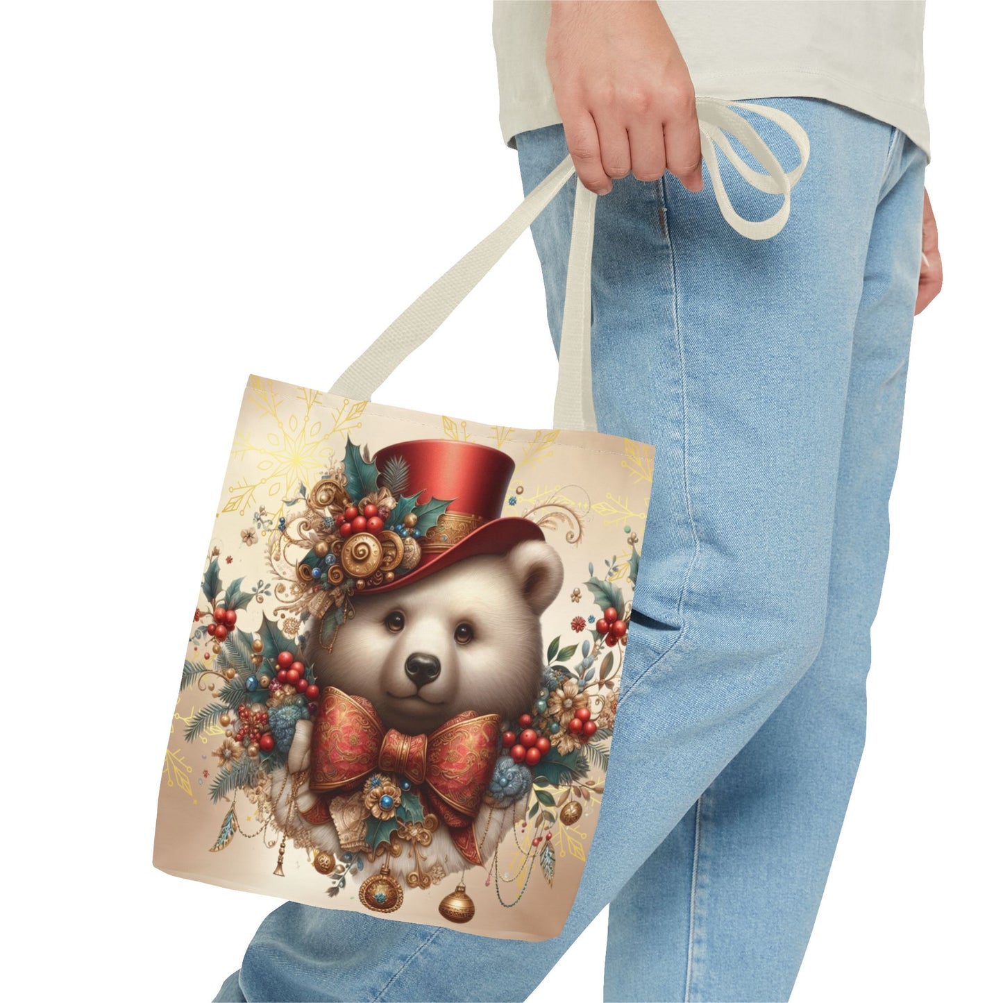 Christmas Bear Tote Bag, Whimsical Holiday Animal Tote, Cute Winter Bear Art Bag, Festive Gift Tote for Women, Seasonal Shopping Bag