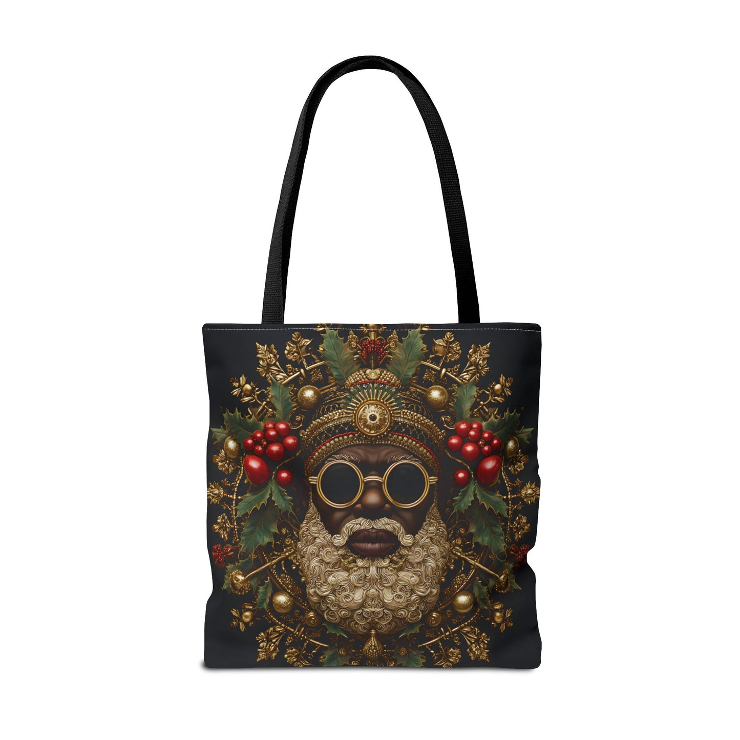 Afrocentric Black Santa Holiday Tote – Festive Christmas Bag with Gold & Holly Details