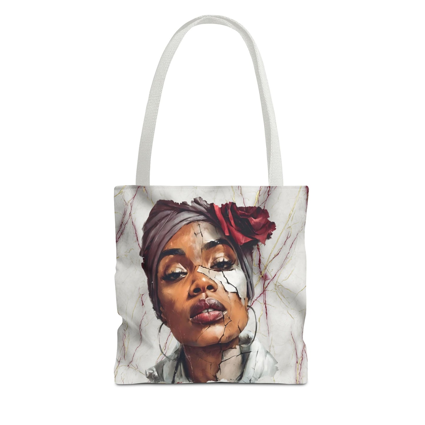 Regal Fracture Afrocentric Tote Bag, Cracked Portrait Art Tote with Red Rose, Black Queen Shoulder Bag, Cultural Fashion Tote for Women