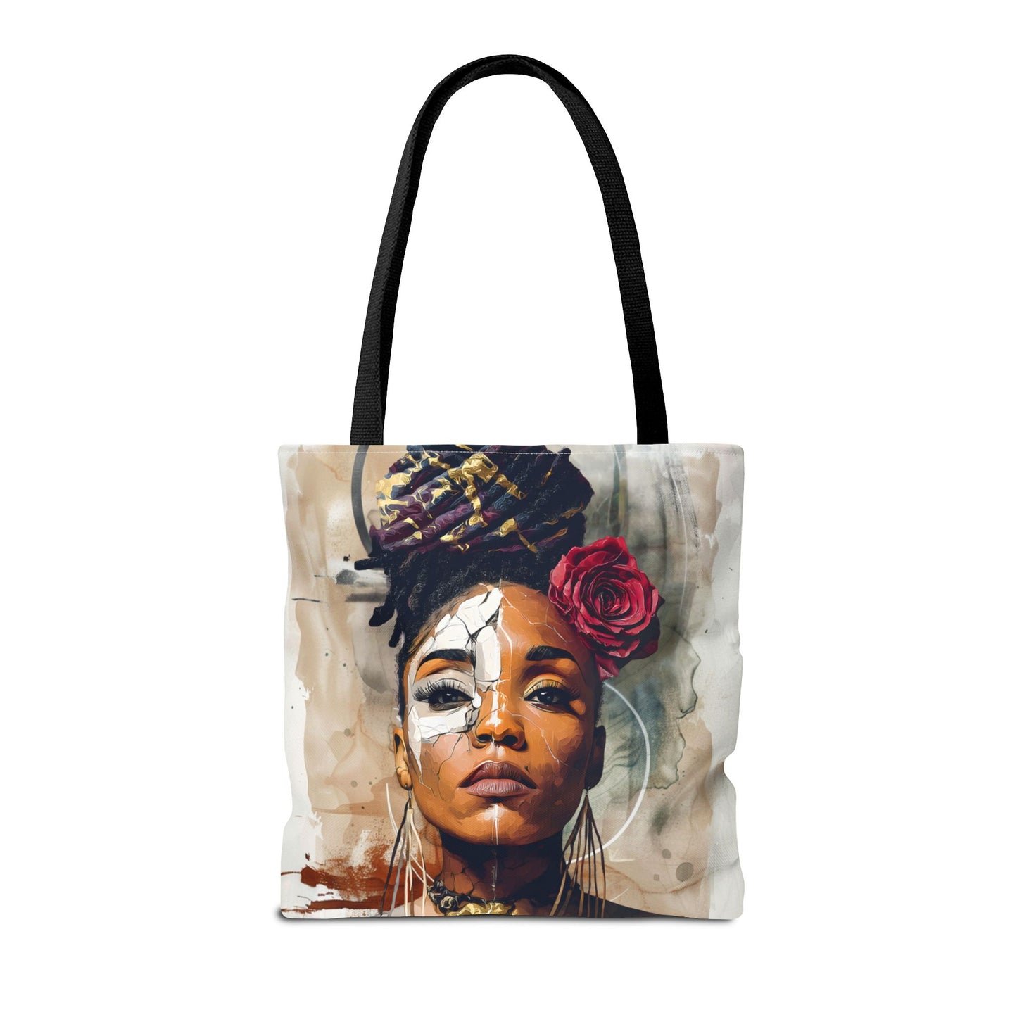 Crowned in Truth Afrocentric Tote Bag, Cracked Portrait Art Tote with Rose, Black Queen Shoulder Bag, Cultural Art Tote for Women