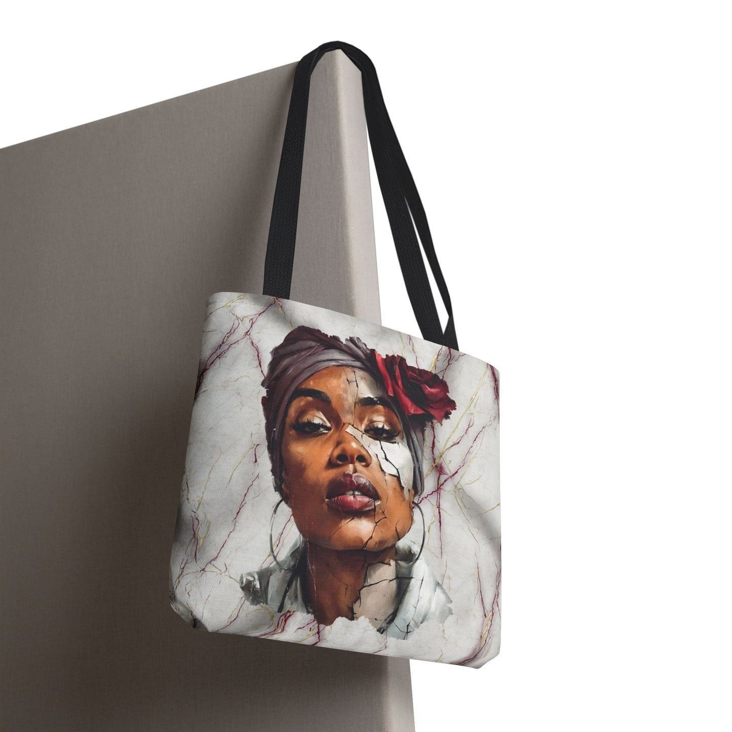 Regal Fracture Afrocentric Tote Bag, Cracked Portrait Art Tote with Red Rose, Black Queen Shoulder Bag, Cultural Fashion Tote for Women