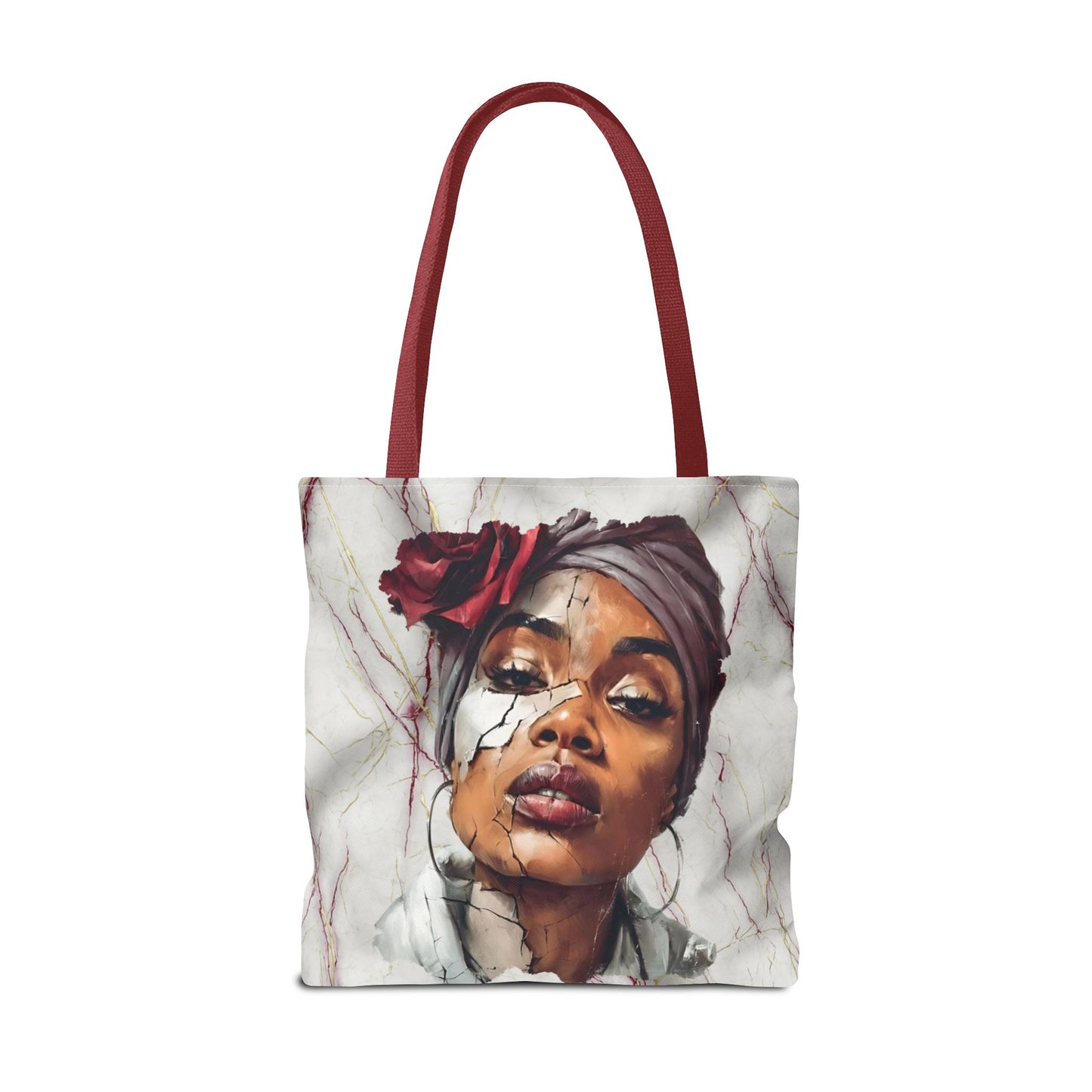 Regal Fracture Afrocentric Tote Bag, Cracked Portrait Art Tote with Red Rose, Black Queen Shoulder Bag, Cultural Fashion Tote for Women