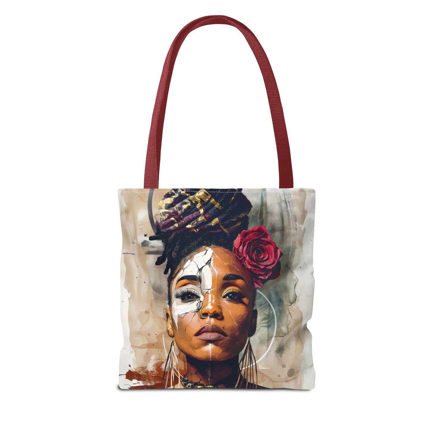 Crowned in Truth Afrocentric Tote Bag, Cracked Portrait Art Tote with Rose, Black Queen Shoulder Bag, Cultural Art Tote for Women