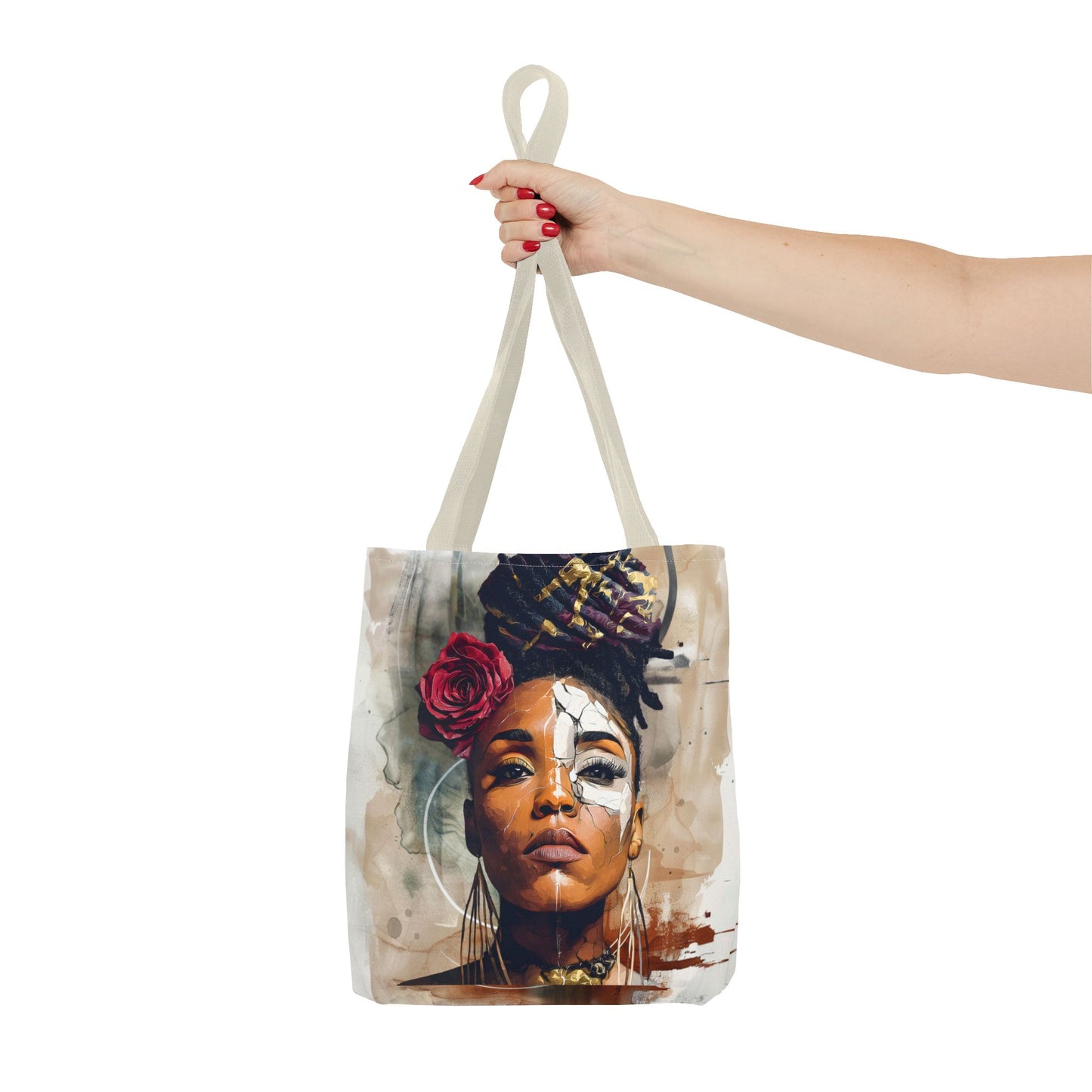 Crowned in Truth Afrocentric Tote Bag, Cracked Portrait Art Tote with Rose, Black Queen Shoulder Bag, Cultural Art Tote for Women