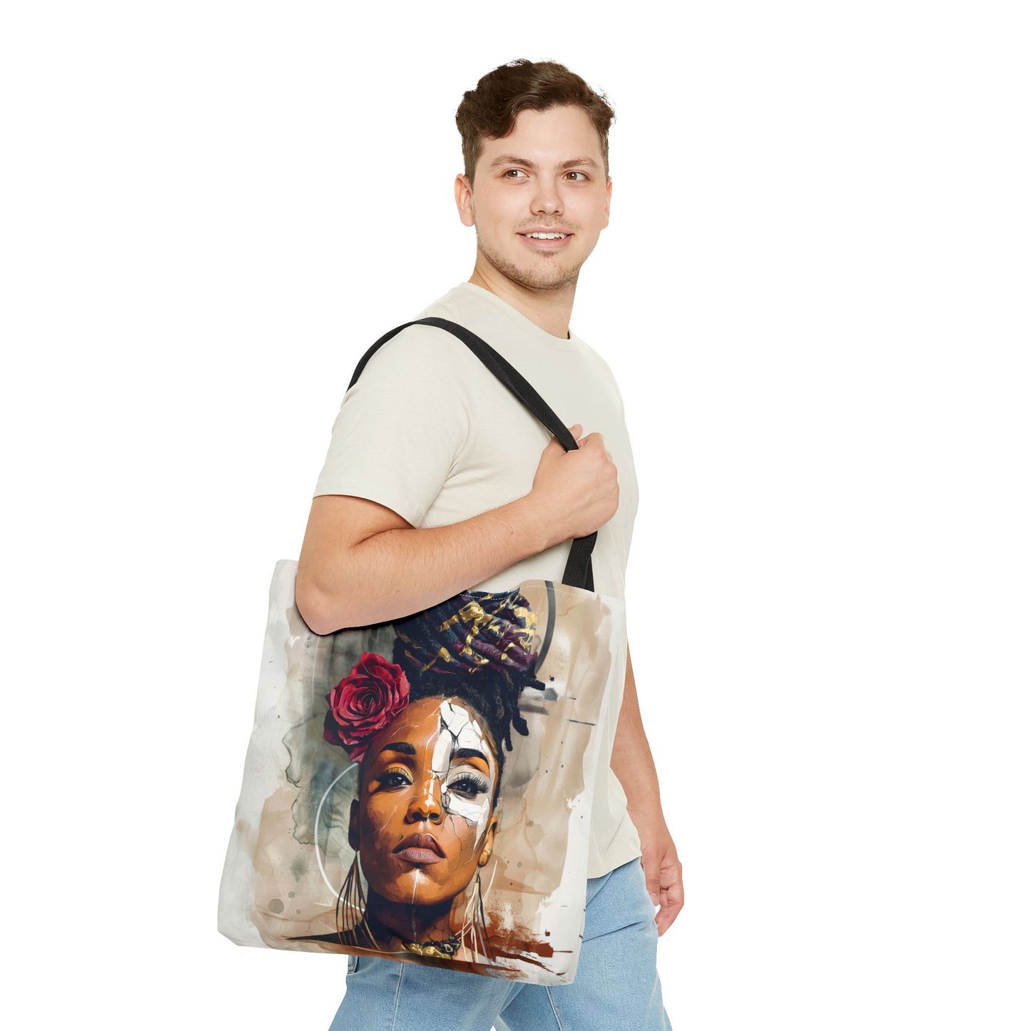 Crowned in Truth Afrocentric Tote Bag, Cracked Portrait Art Tote with Rose, Black Queen Shoulder Bag, Cultural Art Tote for Women