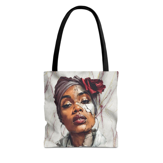 Regal Fracture Afrocentric Tote Bag, Cracked Portrait Art Tote with Red Rose, Black Queen Shoulder Bag, Cultural Fashion Tote for Women