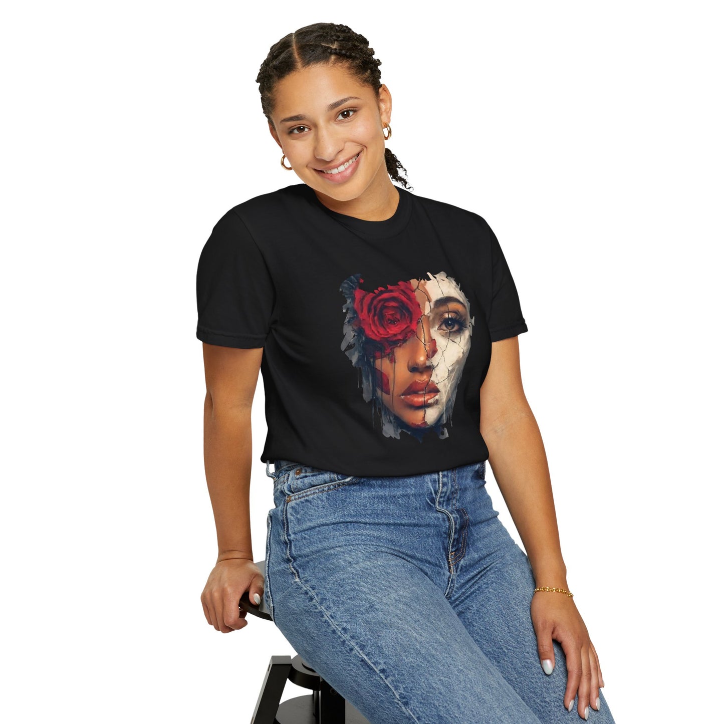 Scarlet Veil T-Shirt | Bold Empowerment Graphic Tee | Feminine Strength & Resilience Art Shirt