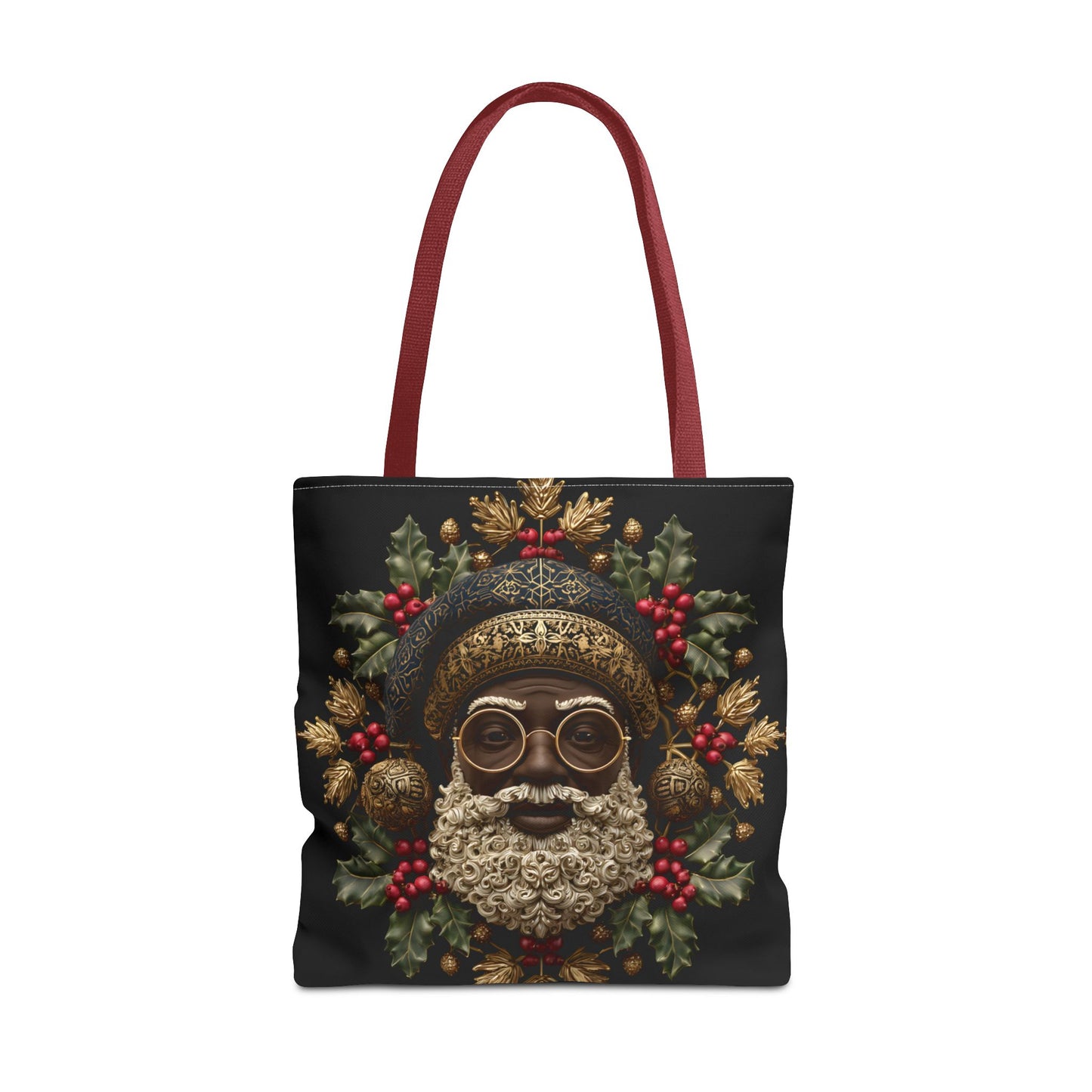 Royal Black Santa Tote Bag – Afrocentric Christmas Tote, Gold & Holly Holiday Design