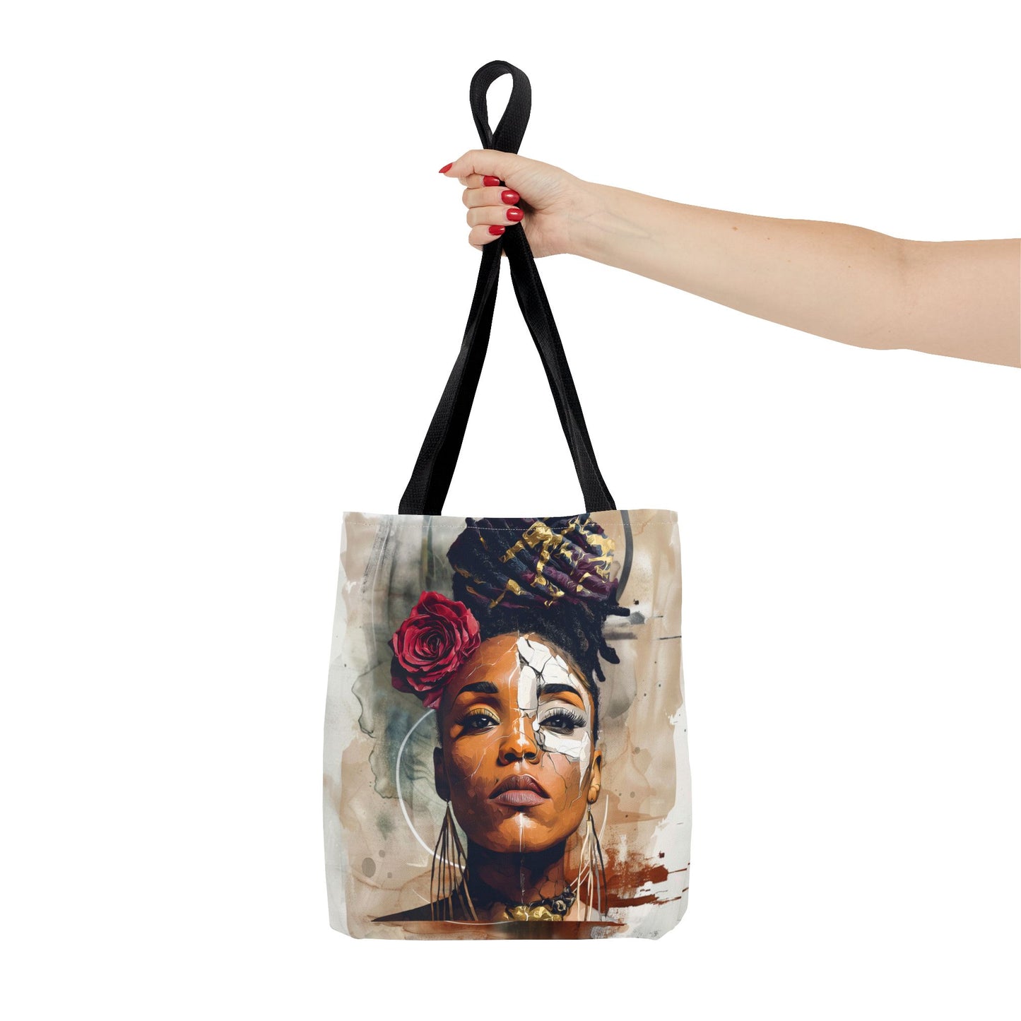 Crowned in Truth Afrocentric Tote Bag, Cracked Portrait Art Tote with Rose, Black Queen Shoulder Bag, Cultural Art Tote for Women