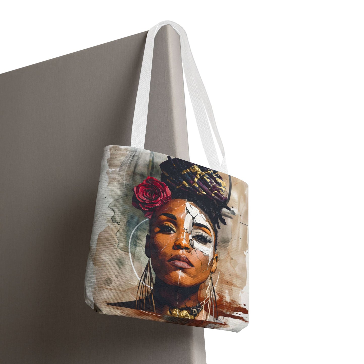 Crowned in Truth Afrocentric Tote Bag, Cracked Portrait Art Tote with Rose, Black Queen Shoulder Bag, Cultural Art Tote for Women
