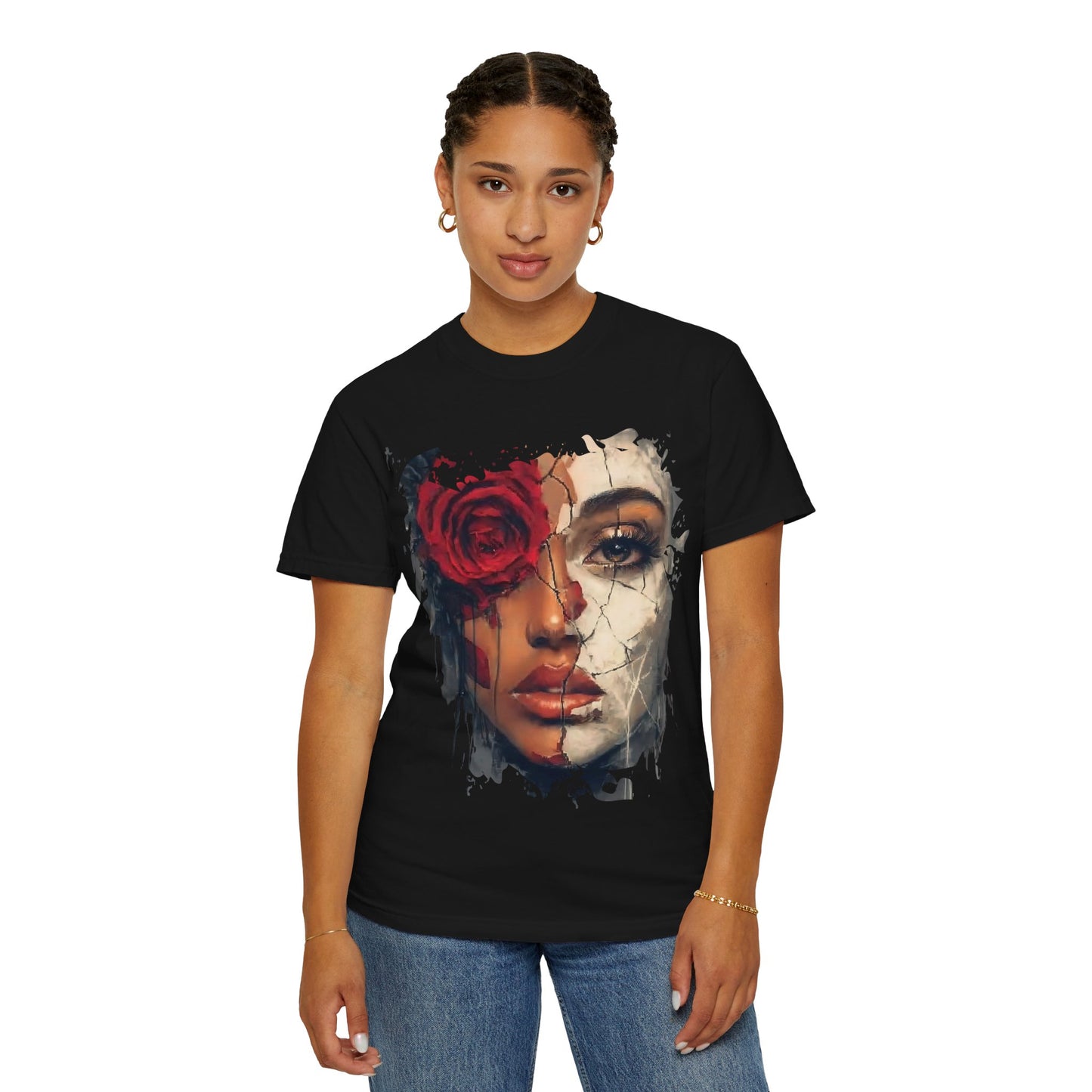 Scarlet Veil Empowerment Tee” or “Cracked Porcelain Resilience Shirt”