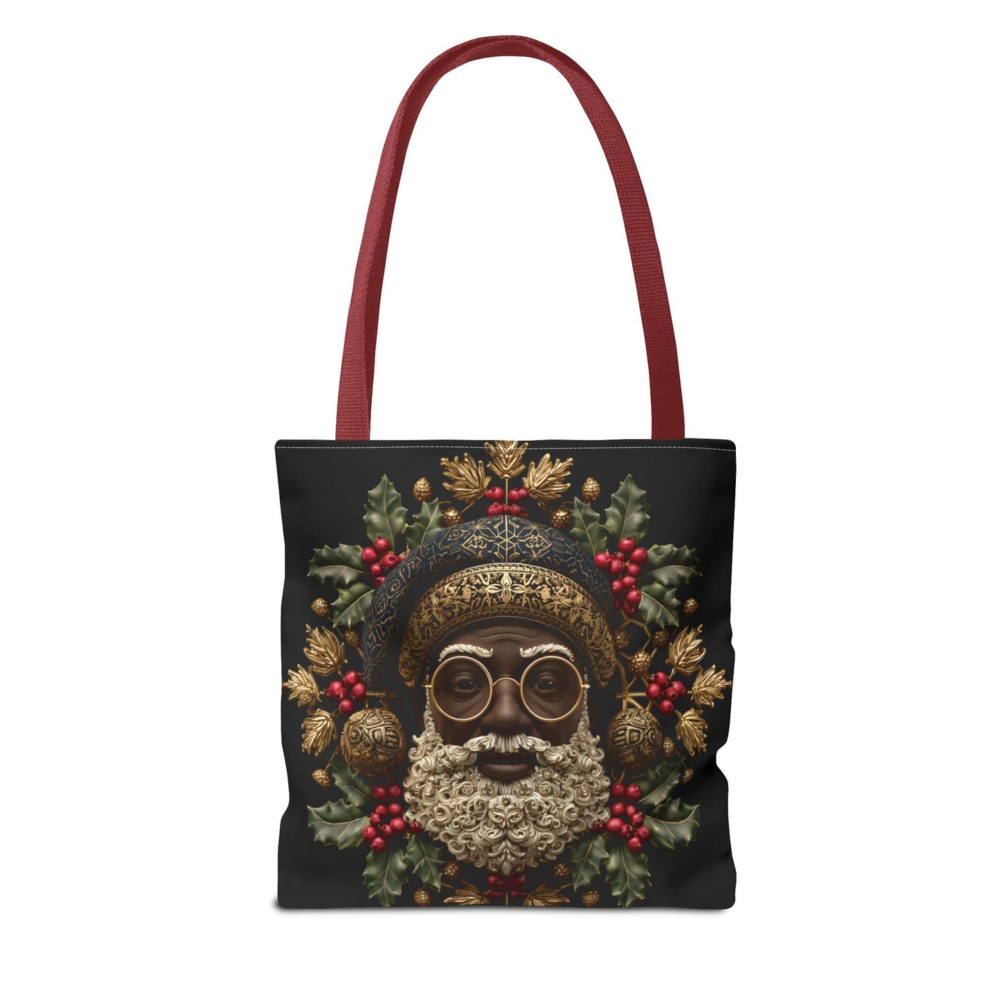 Royal Black Santa Tote Bag – Afrocentric Christmas Tote, Gold & Holly Holiday Design