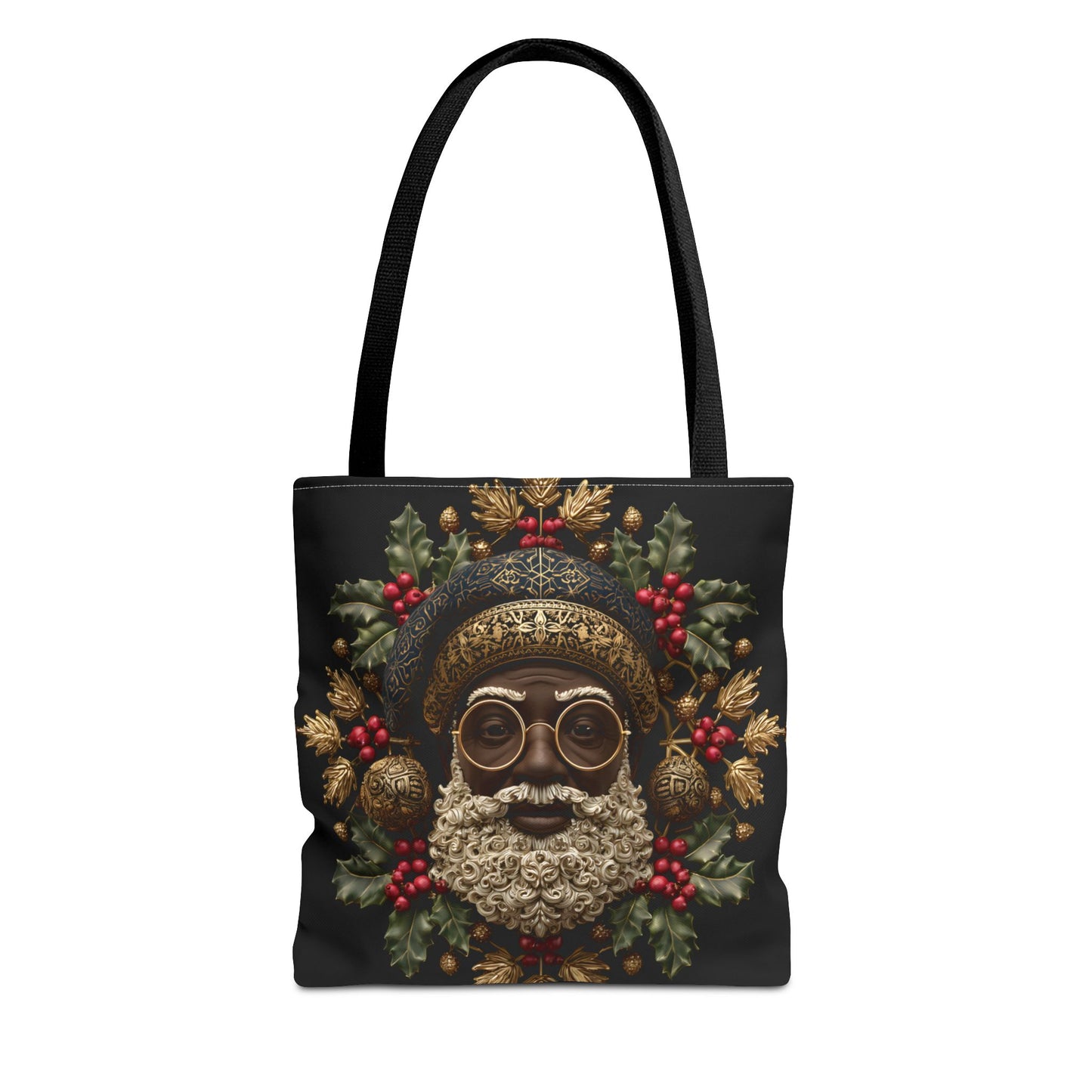 Royal Black Santa Tote Bag – Afrocentric Christmas Tote, Gold & Holly Holiday Design