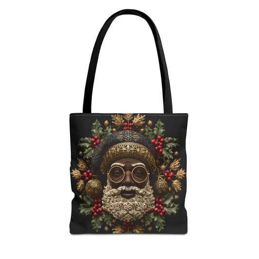 Royal Black Santa Tote Bag – Afrocentric Christmas Tote, Gold & Holly Holiday Design