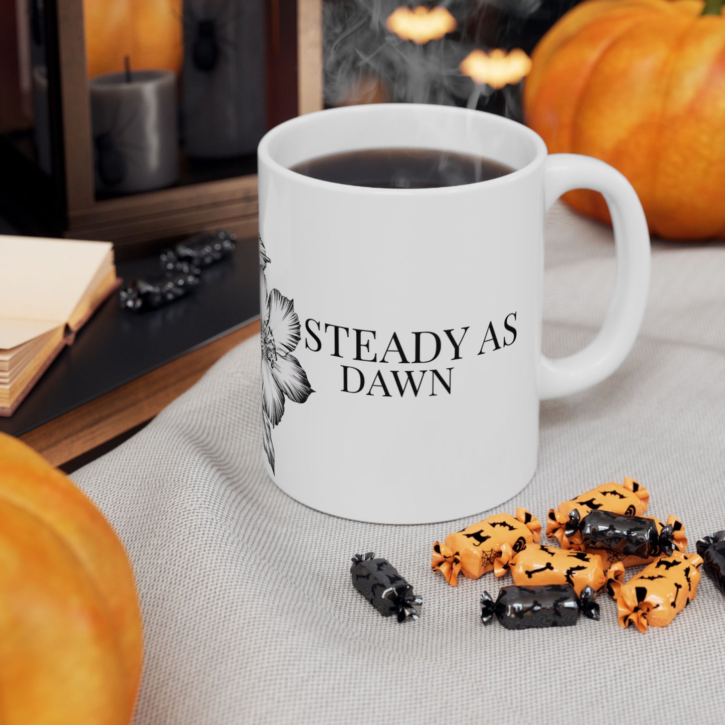 Steady as Dawn Mug – Sunrise Ritual Mug for New Beginnings- Hand-Drawn Black & White Flower Coffee Cup (11oz/15oz)